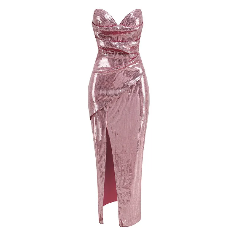 Factory Direct Sale Opulent Sweetheart Neck Strapless Draped Thigh Split Maxi Sequin Evening Dress Factory Direct Sale Opulent Sweetheart Neck Strapless Draped Thigh Split Maxi Sequin Evening Dress