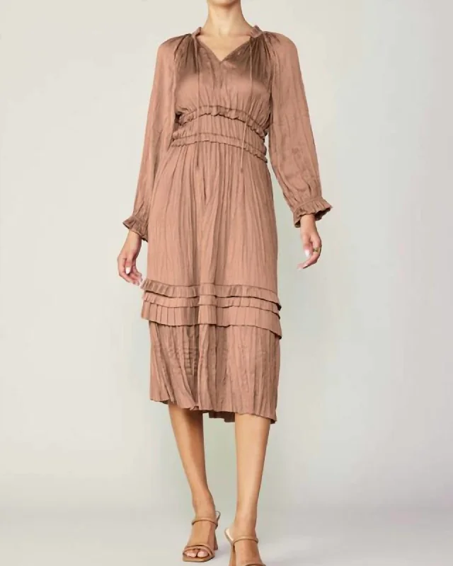 Bargain Bin Long Sleeve Split Neck Long Dress In Dusty Clay | Dusty Clay