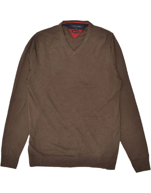Discount Mania TOMMY HILFIGER Womens V-Neck Jumper Sweater UK 14 Medium Brown Cotton