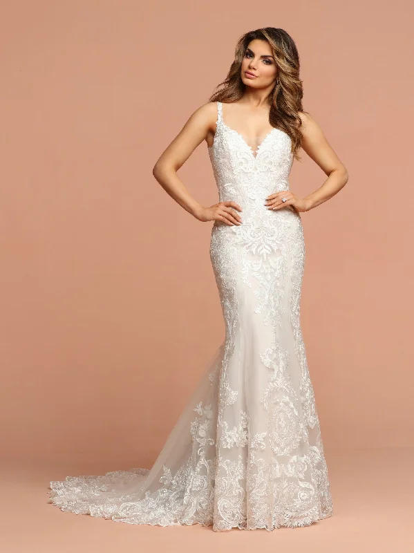 Davinci Bridal 50578 Lace Mermaid V Neck Wedding Dress Sheer Tulle Back Train