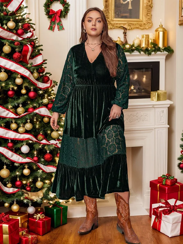 Price Rollback Plus Size Lace Patchwork V-Neck Balloon Sleeve Midi Dress