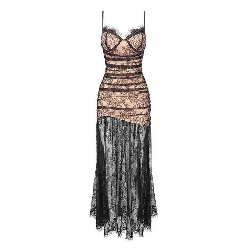 Weekend Deal Exquisite Eyelash Sweetheart Ruched Drop Waist Lace Slip Maxi Evening Dress