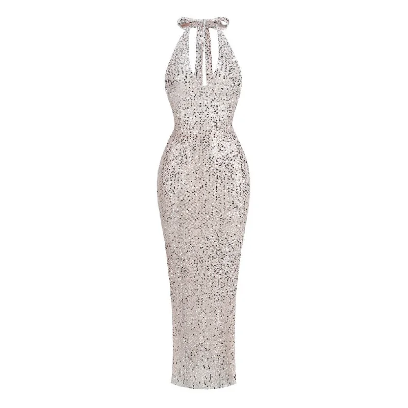 The Best Prices Sparkly Sheer Sequin Mesh Halter Backless Sheath Fishtail Maxi Formal Dress