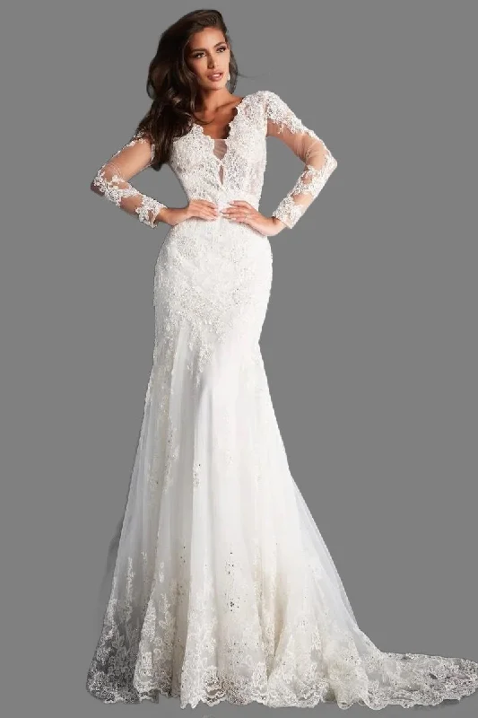 Jovani Bridal JB02579 size 8 Long Sleeve Lace Mermaid Wedding Dress Backless V Neck