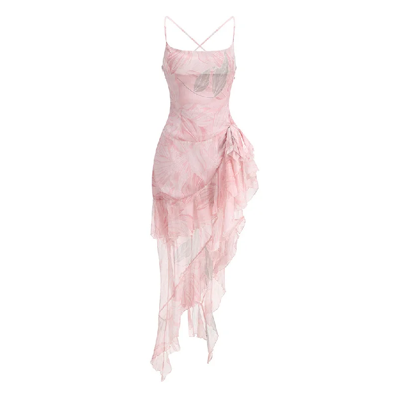 Exclusive Online Offer Sexy Cowl Neck Open Back Floral Print Chiffon Tiered Ruffle Rosette Slip Dress