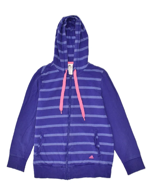 Daily Deals ADIDAS Womens Hoodie Jumper UK 12/14 Medium Blue Striped Cotton