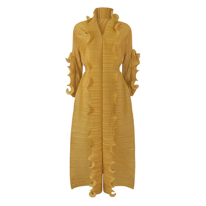 Super Sale Unique Ruffled Long Sleeve V Neck Front Slit Belted Pleated Maxi Dress