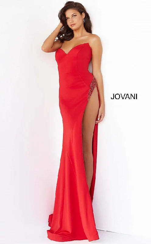 Jovani 07138 Prom Dress Strapless V Neckline Embellished High Side Slit Evening Gown