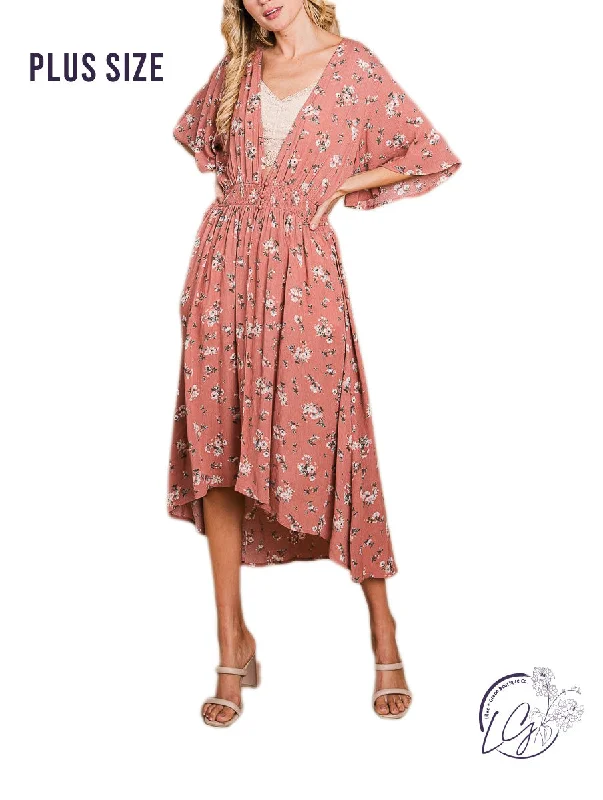 Super Sale Curvy Floral Hi-Low Cardigan With Smocked Waist