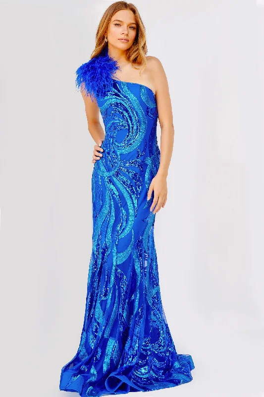 Jovani 32596 Royal One Shoulder Feather Embellished Prom Dress