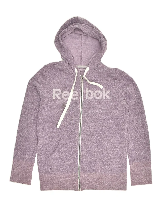 Price Reduction REEBOK Womens Graphic Zip Hoodie Sweater UK 14 Large Purple Flecked Cotton