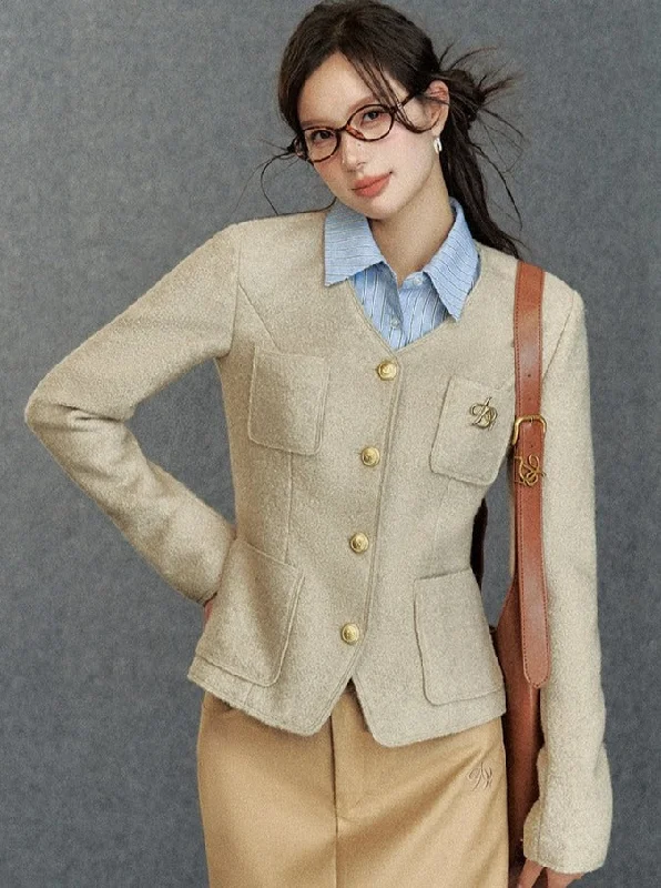 Hurry In Classic Tweed Blazer: Elegant Women's Jacket in Cream