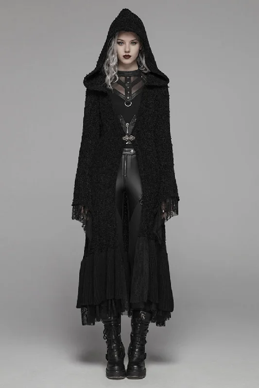 New Deals Black Long Sleeves Multi-layer Lace Hooded Women's Gothic Long Coat