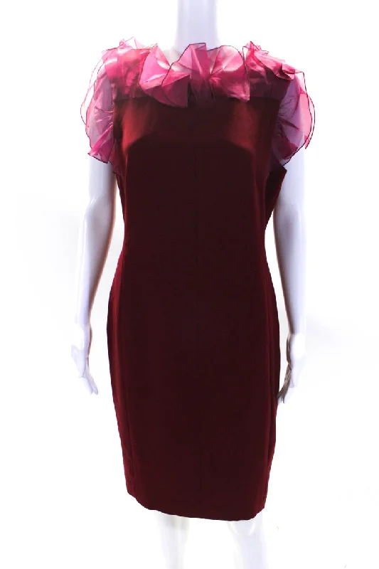 Max Mara Womens Organza Ruffle Sleeveless Sheath Dress Maroon