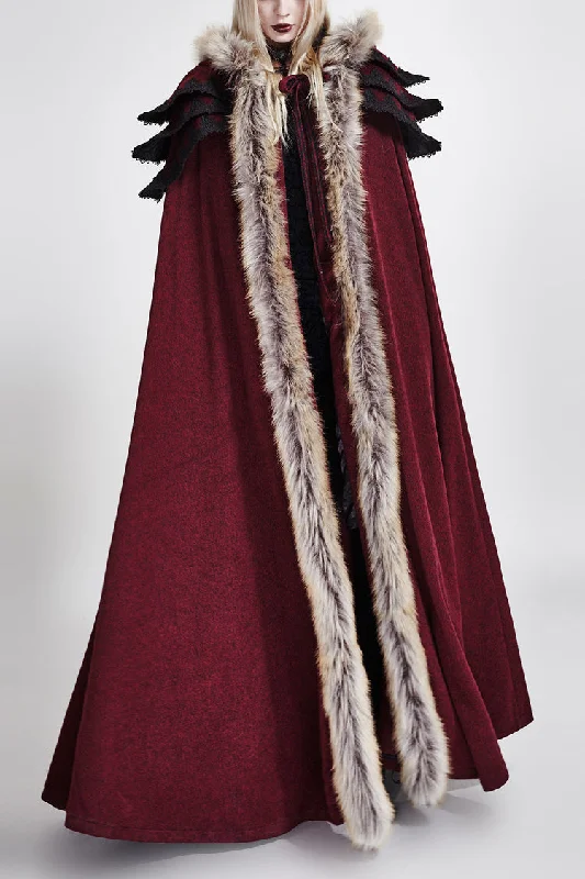 Early Access Red Hooded Fur Collar Wool Long Womens Gothic Coat Cloak