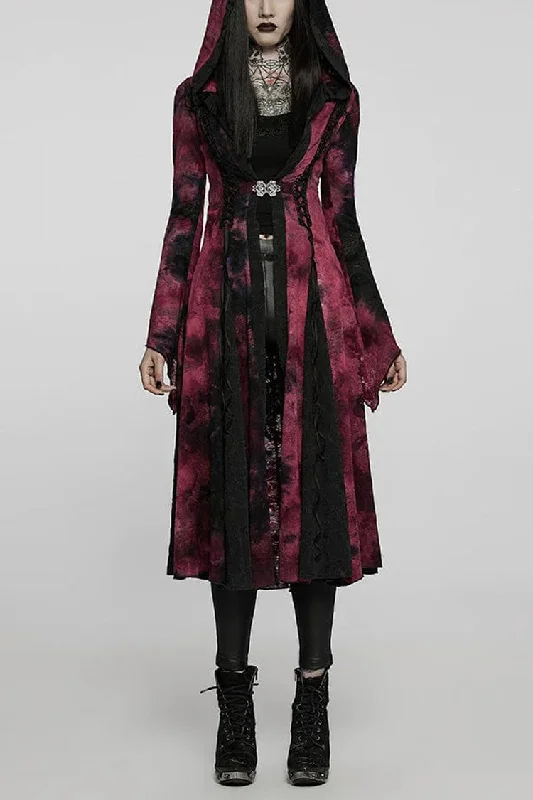 Great Deals Red/Black Long Trumpet Sleeves Stitching Hooded Womens Gothic Vintage Coat
