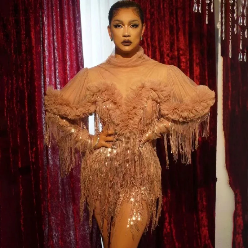 Great Bargains Flattering Sequin Fringe Ruffle Trim High Neck Long Sleeve Mesh Mini Party Dress Great Bargains Flattering Sequin Fringe Ruffle Trim High Neck Long Sleeve Mesh Mini Party Dress