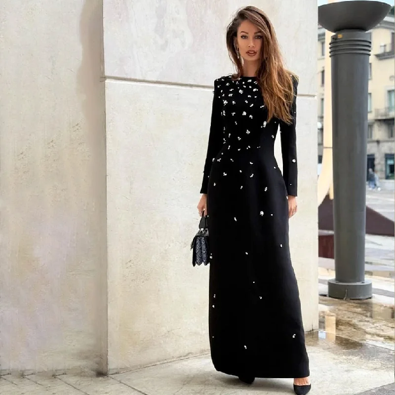 Act Now Sparkly Crystal Crew Neck Shoulder Pad Long Sleeve Crepe Maxi Evening Dress