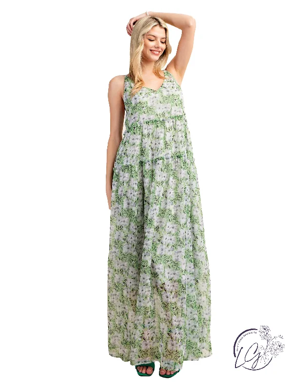 Extra Discounts Floral Chiffon Tiered Maxi Dress