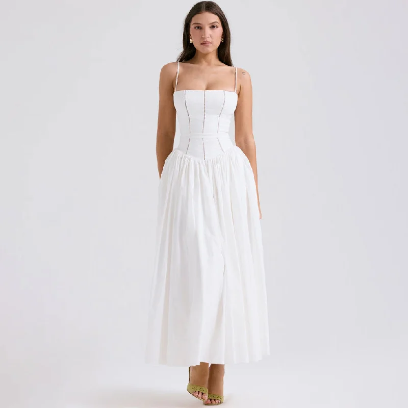 Major Savings French Style Square Neck Spaghetti Strap Gathered Drop Waist Midi Sundress