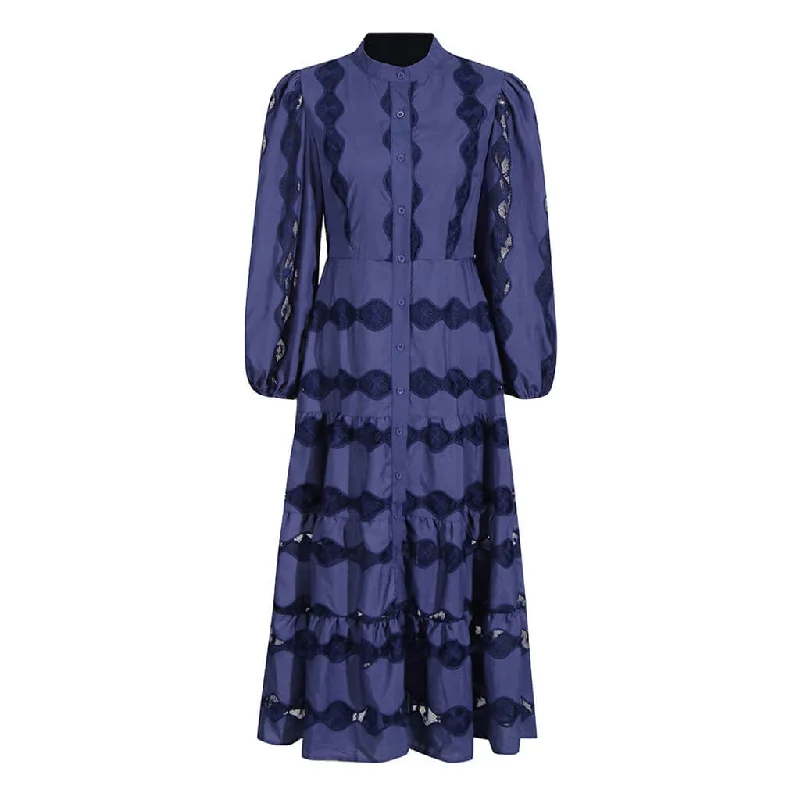 Deal Dash Regal High Neck Blouson Sleeve Button Down Floral Embroidered Midi Dress