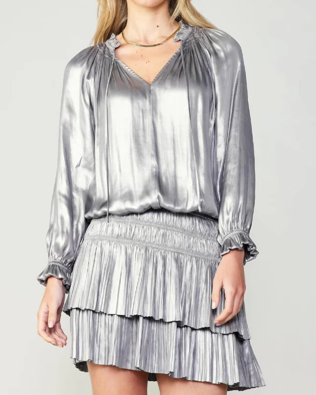 Flash Sale Pleated Long Sleeve Mini Dress In Silver | Silver