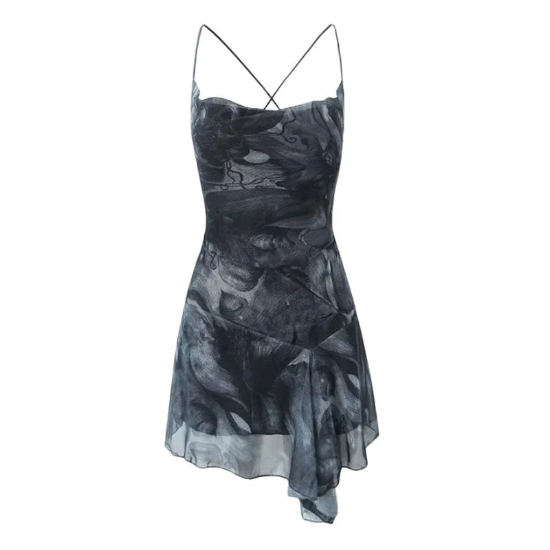 Final Markdown Abstract Print Cowl Neck Lace Up Backless Ruffle Mesh Mini Sundress