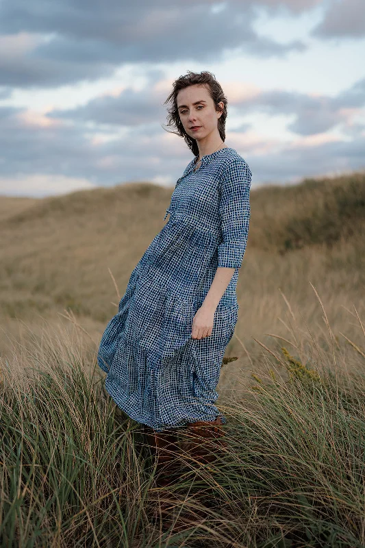 Low Prices Handblock Print Dress - Blue Indigo Dot Cotton Dress