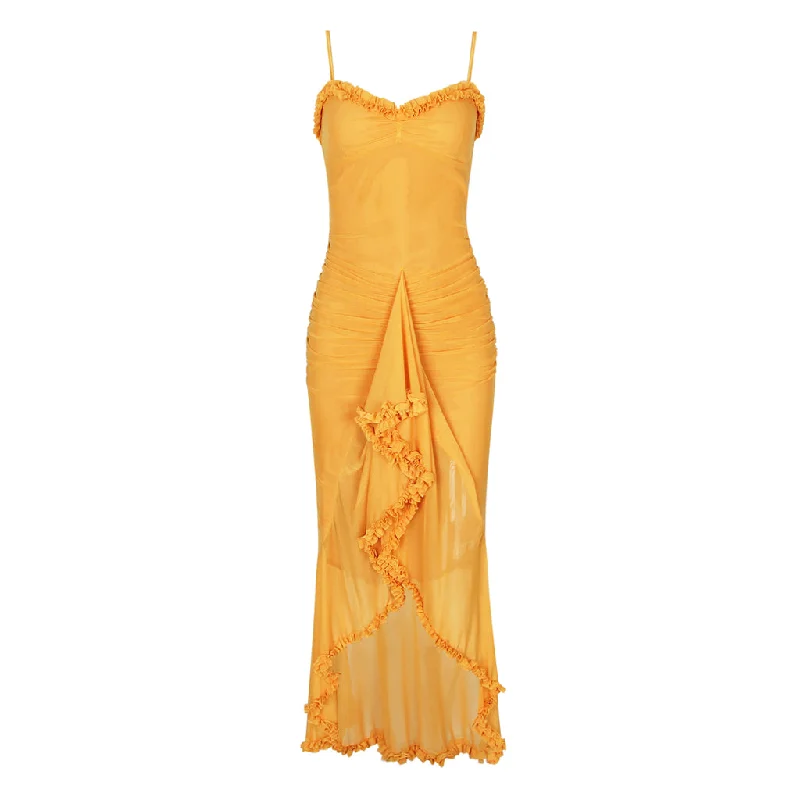 Huge Discounts Ethereal Spaghetti Strap Ruched Mesh Ruffle Front High Low Slip Dress