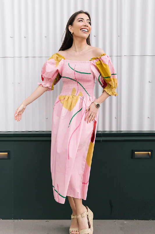 Extra Discounts Valentina Abstract Smocked Pink Midi Dress
