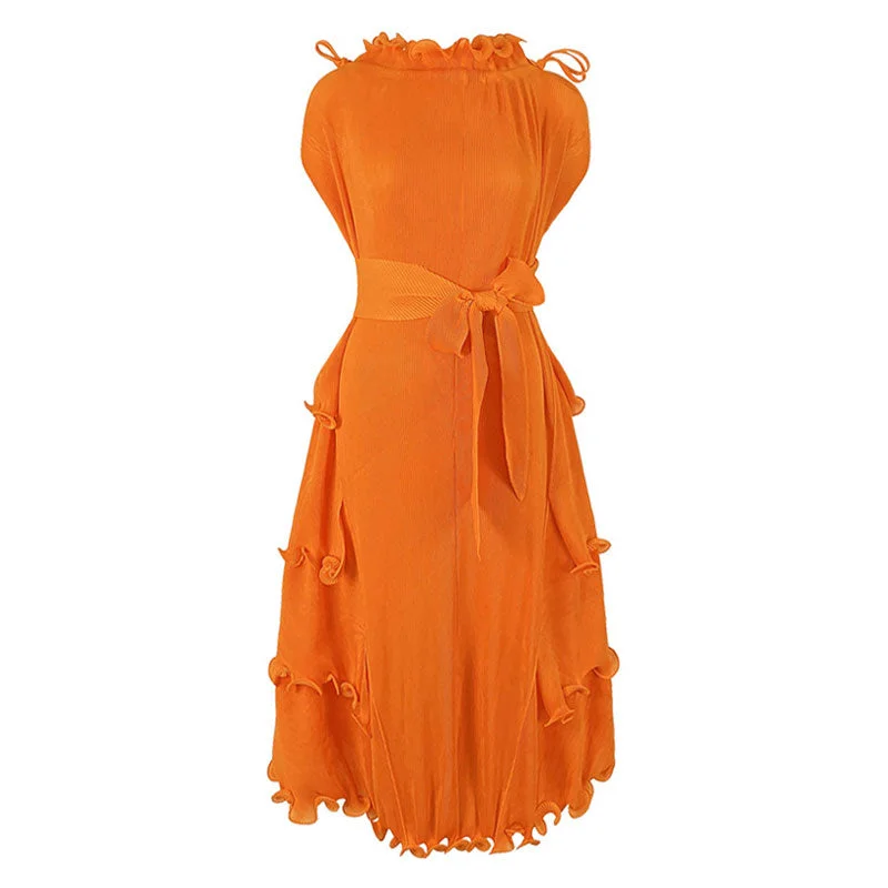 Closeout Sale Unique Drawstring Ruffled Mock Neck Self Tie Belted Pleated Midi Dress Closeout Sale Unique Drawstring Ruffled Mock Neck Self Tie Belted Pleated Midi Dress