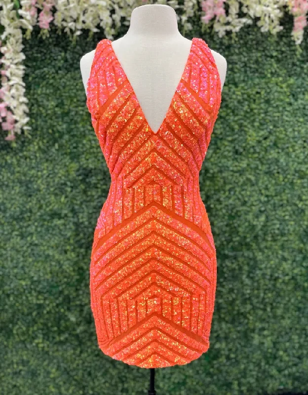 Savings Galore Jovani 63899 Size 0, 6 Neon Orange Short Sequin Cocktail Fitted Homecoming Dress V Neck Sheer