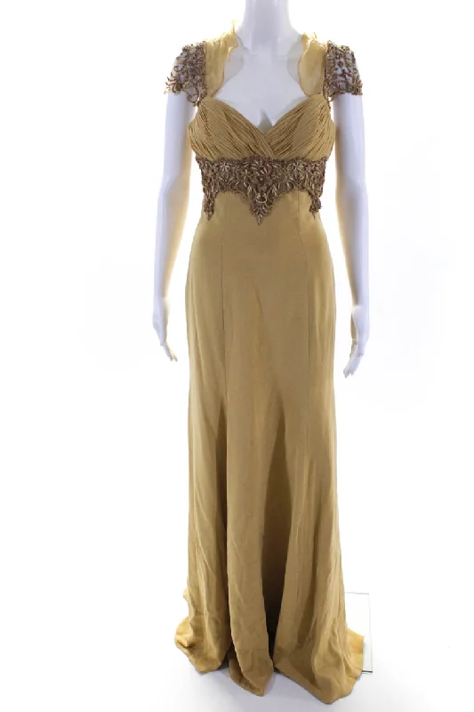 Rafael Cennamo Women's Sleeveless V Neck Embellished Long Gown Yellow