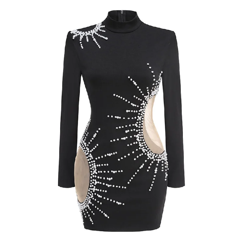 Amazing Deals Sexy Mock Neck Faux Pearl Embellished Sheer Mesh Bodycon Mini Dress