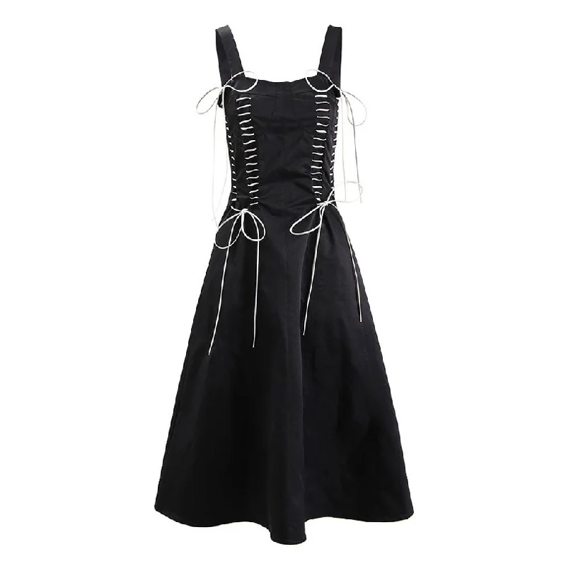 Sale Event Vintage Contrast Stitch Lace Up Bow Tie Bustier A Line Midi Sundress