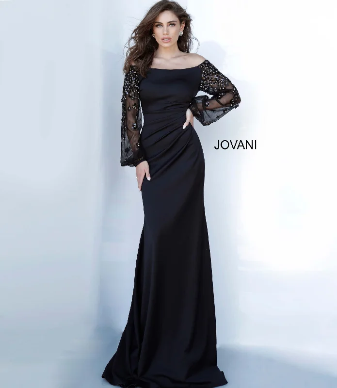 Jovani 1156 off the shoulder long sleeve evening dress black sheer sleeves