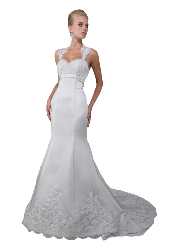 Davinci Wedding Dress 50083 size 4 White satin fit and flare long dress lace bodice and straps