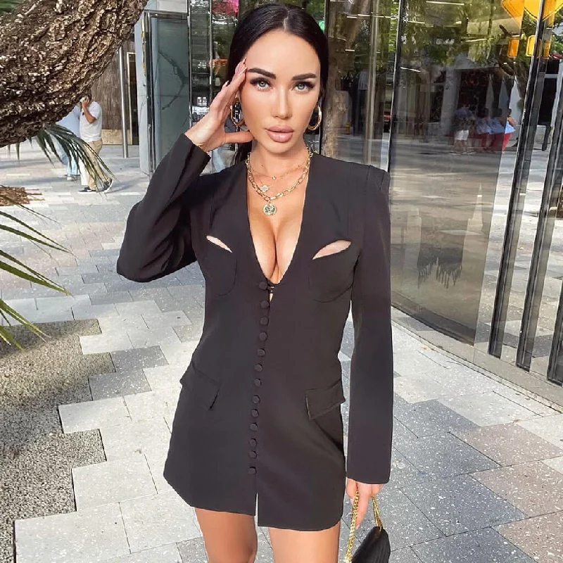 Flash Sale Unique Cutout Long Sleeve Button Down Mini Blazer Dress - Black