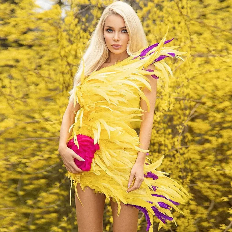 Mega Deal Luxury Feather Trim One Shoulder Bodycon Mini Dress - Yellow