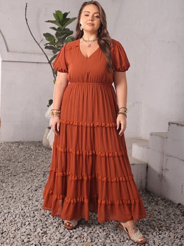 Sale Event Plus Size Ruched Lace Detail V-Neck Short Sleeve Dress