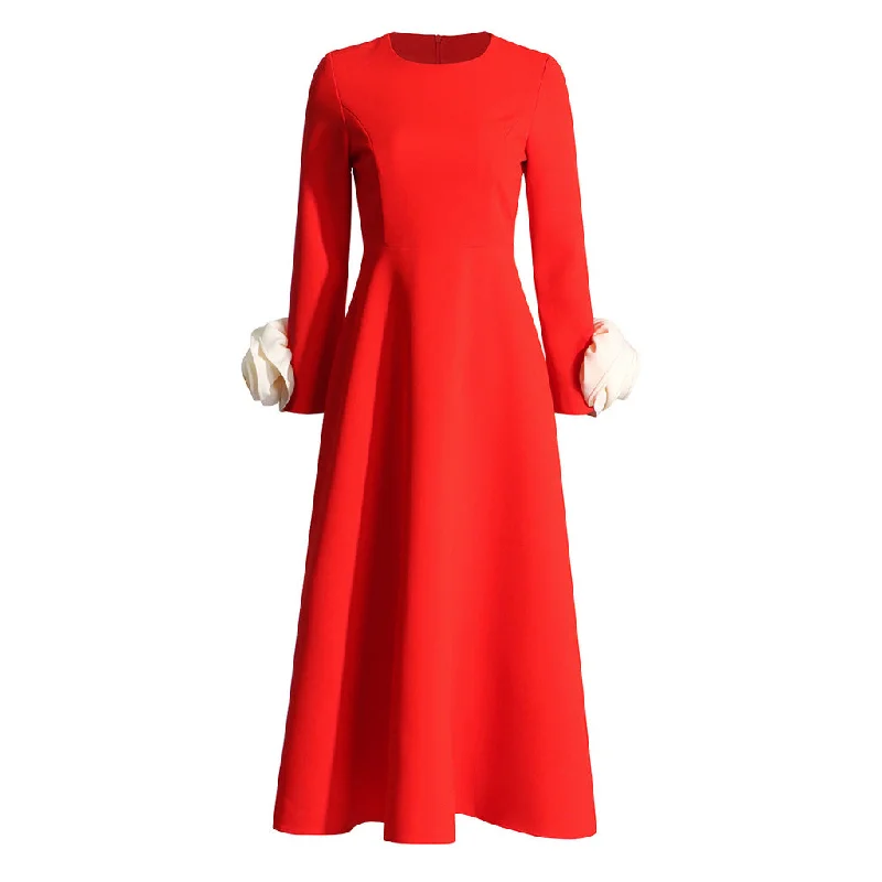 Extra Savings Vintage Round Neck Long Sleeve Fit and Flare Crepe Rosette Trim Midi Dress Extra Savings Vintage Round Neck Long Sleeve Fit and Flare Crepe Rosette Trim Midi Dress