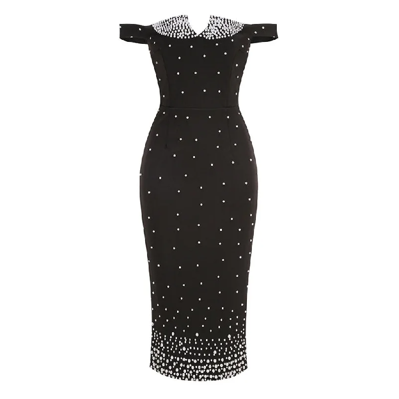 Time-Limited Offer Elegant Off The Shoulder Faux Pearl Embellished Sheath Cocktail Midi Dress