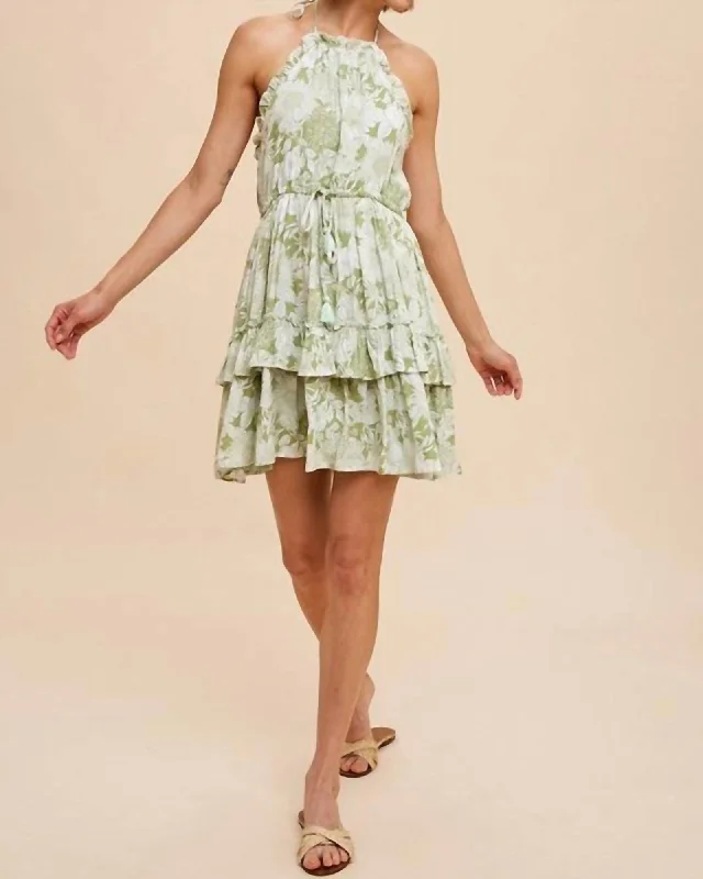 Limited Edition Natalia Tiered Floral Halter Dress In Green | Green