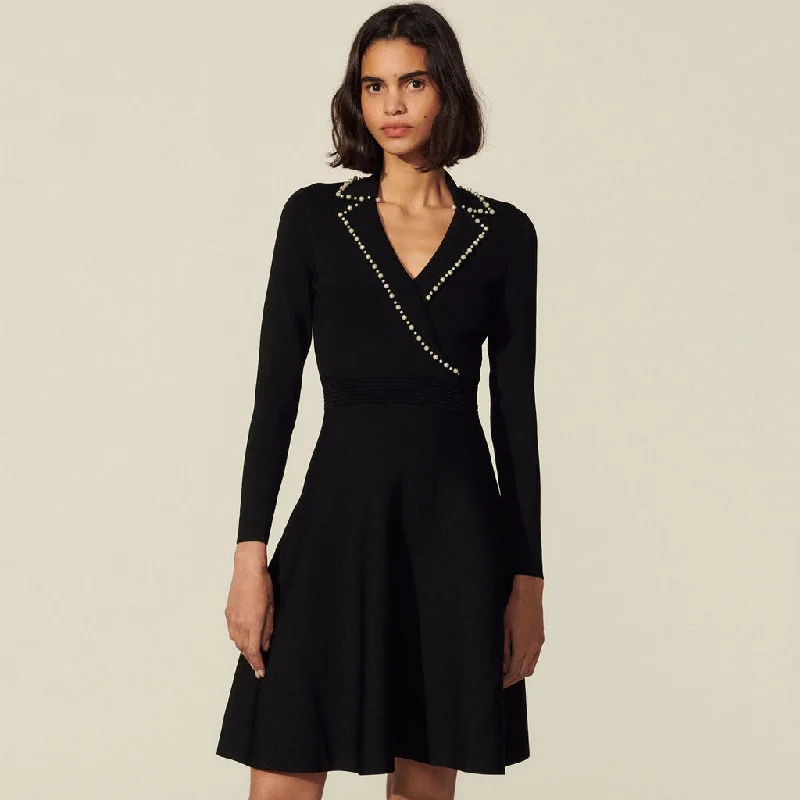 Super Bargain Luxury Beaded Collar Long Sleeve Knit Sweater Mini Dress - Black