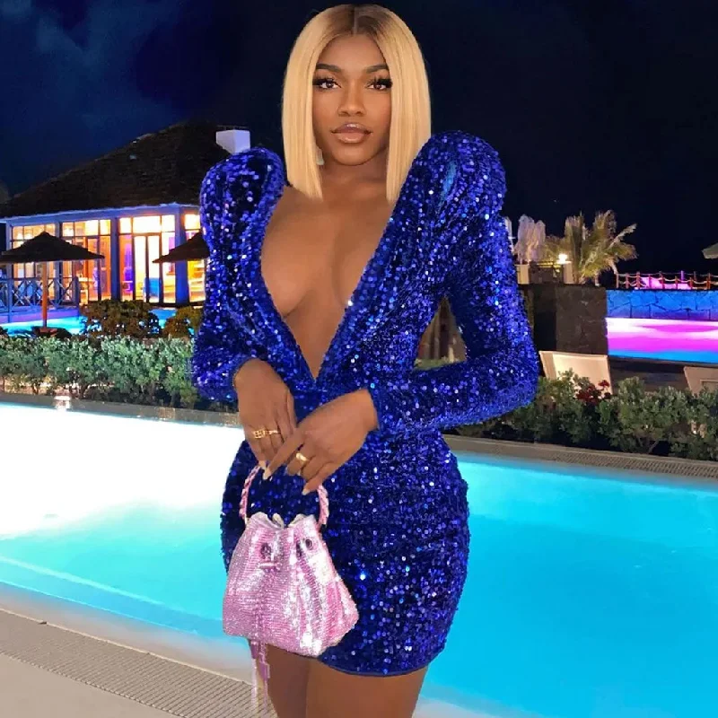 Bargain Blast Sparkly Collar Deep Plunging Neck Long Sleeve Sequin Mini Dress - Royal Blue Bargain Blast Sparkly Collar Deep Plunging Neck Long Sleeve Sequin Mini Dress - Royal Blue