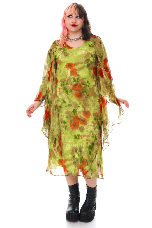 Vintage 90's Signature Green Floral Shawl Tank Dress - XL/2X/3X