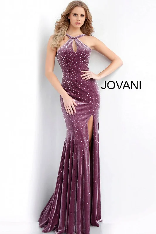 Jovani 63935 Size 0 Mauve Velvet crystal Keyhole neck Prom Dress Pageant Gown Slit