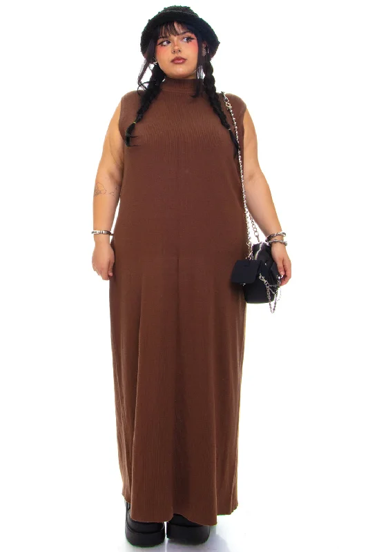 Vintage Y2K Brown Ribbed Knit Turtle Neck Maxi Dress - 2X/3X/4X