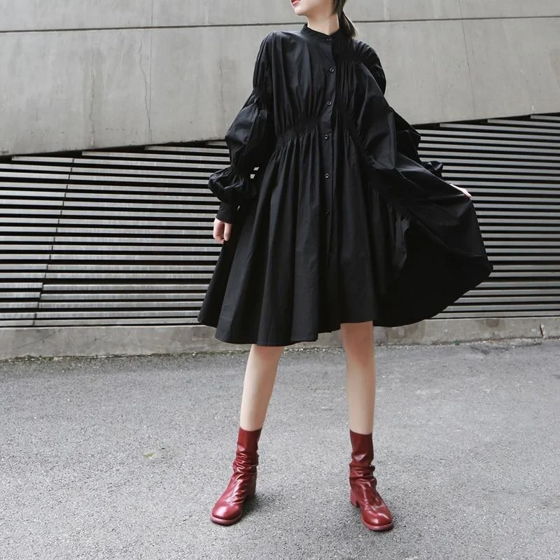 Savings Spectacular Hotaru Long Sleeve Pleated Shirt Dress - Black