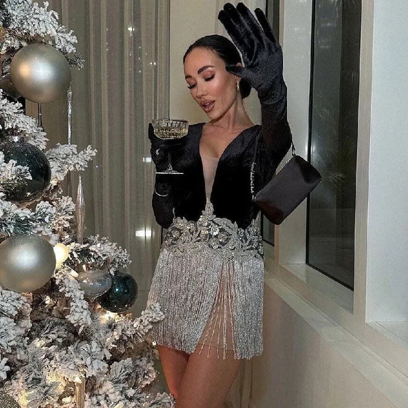 While Supplies Last Sparkly Sequined Floral Plunge Neck Full Glove Velvet Mesh Mini Fringe Dress